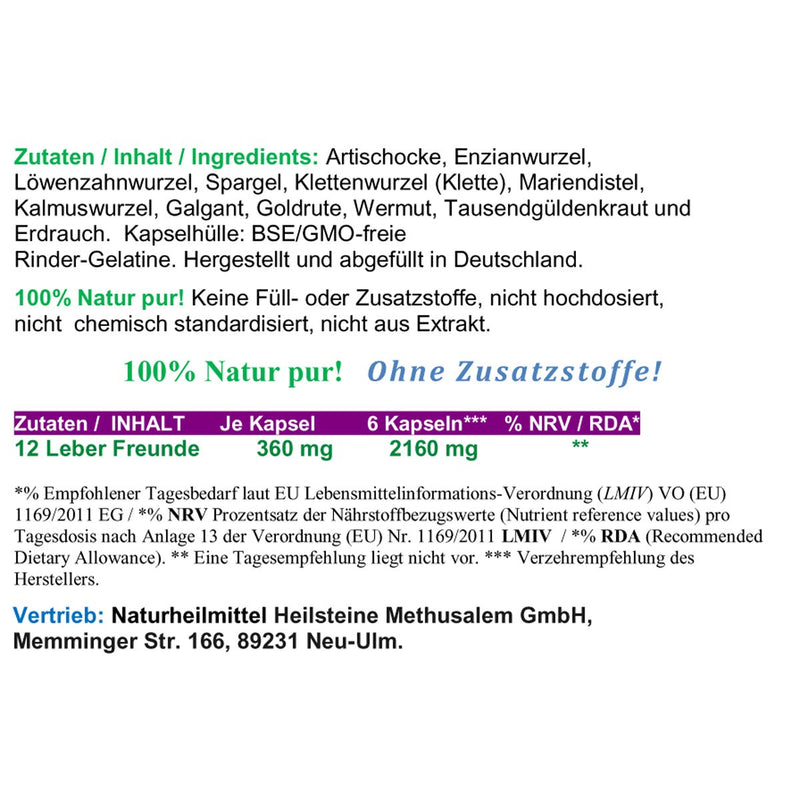 12 liver friends - 12 bitter herbs & bitter substances with milk thistle, artichoke, dandelion, gentian and much more. - 360 LIVER VITAL CAPSULES - PURE NATURE without ADDITIVES. 26314-360 - NewNest Australia