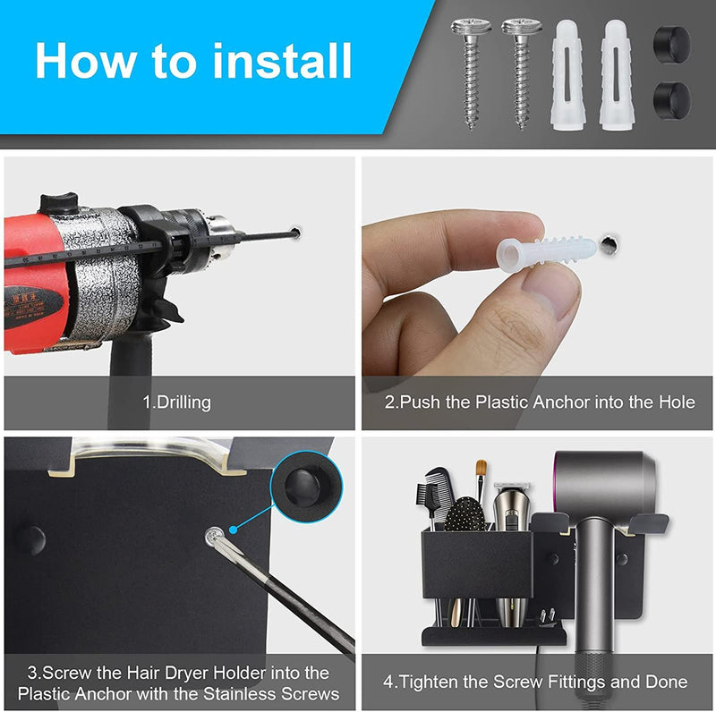 Hosoncovy Metal Hair Dryer Wall Mount Holder Hair Dryer Wall Hanger Toiletries Wall Storage Electric Shaver Wall Mount for Dyson Supersonic Hair Dryer,Universal for Hair Dryer (Black) Black - NewNest Australia
