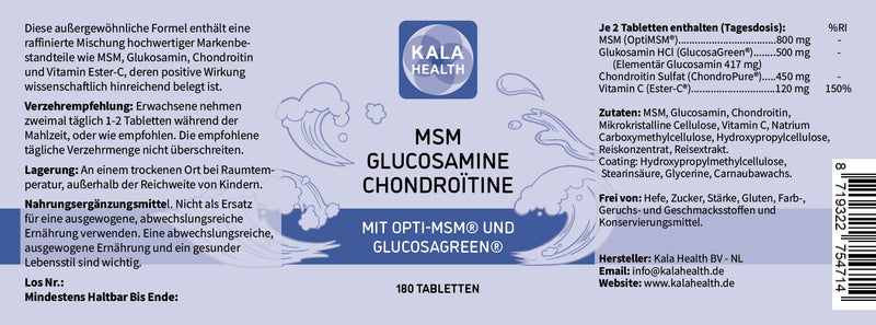 Kala Health ‚ 60 Tablets Optimsm (Methylsulfonylmethane), Glucosagreen (Glucosamine), Chondropure (Chondroitin) And Ester-C (Vitamin C), Free Of Magnesium Stearate And Silicon Dioxide - NewNest Australia