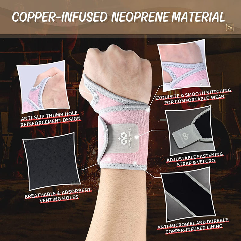 INDEEMAX Copper Carpal Tunnel Wrist Brace 2 Pack, Adjustable Wrist Support Braces for Pain Relief, Arthritis, Tendonitis, Men and Women Compression Wraps Straps for Right and Left Hand Bands Pink - NewNest Australia
