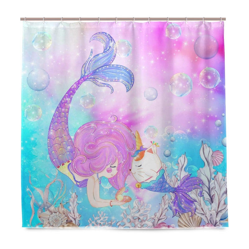 ZOEO Girls Mermaid Shower Curtain Unicorn Cat Fish Fabric Waterproof Large Window Bathroom Tub Curtains Sets Mermaid Home Decor 12 Hooks 72x72 inch - NewNest Australia