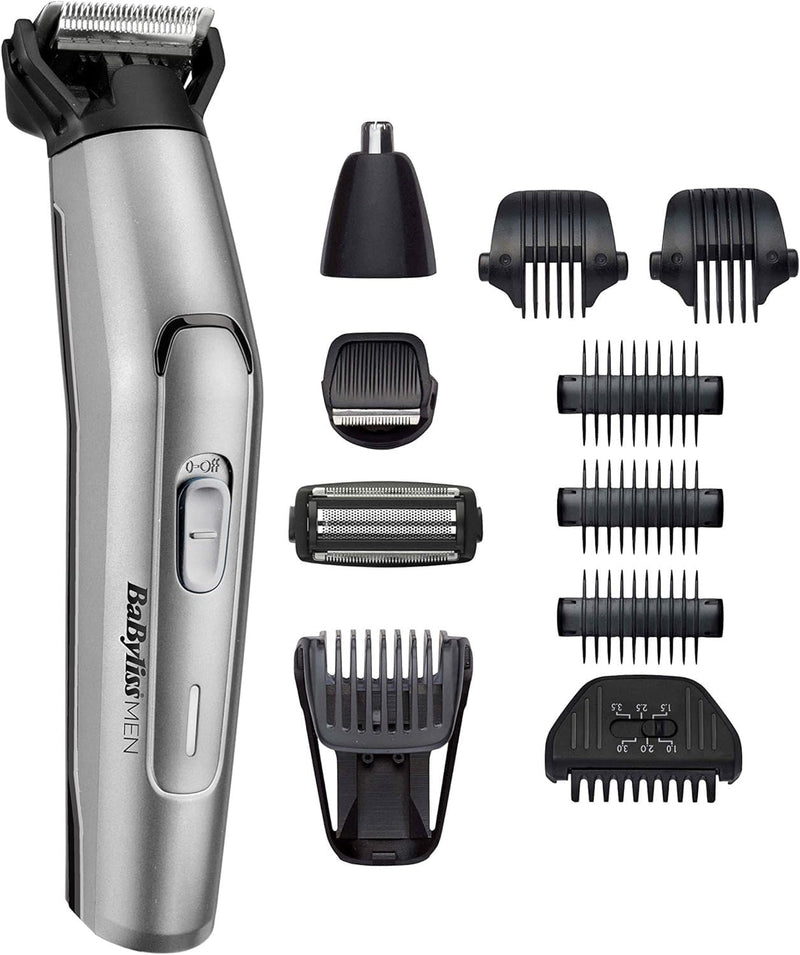 BaByliss Men 11-in-1 Titanium Multi-Grooming Kit Waterproof Twill Hair Trimmer, Beard Trimmer, Nose Hair Trimmer, Eyebrow, Detail Trimmer and Multifunctional Trimmer, Includes Bag, Silver Black MT861E - NewNest Australia