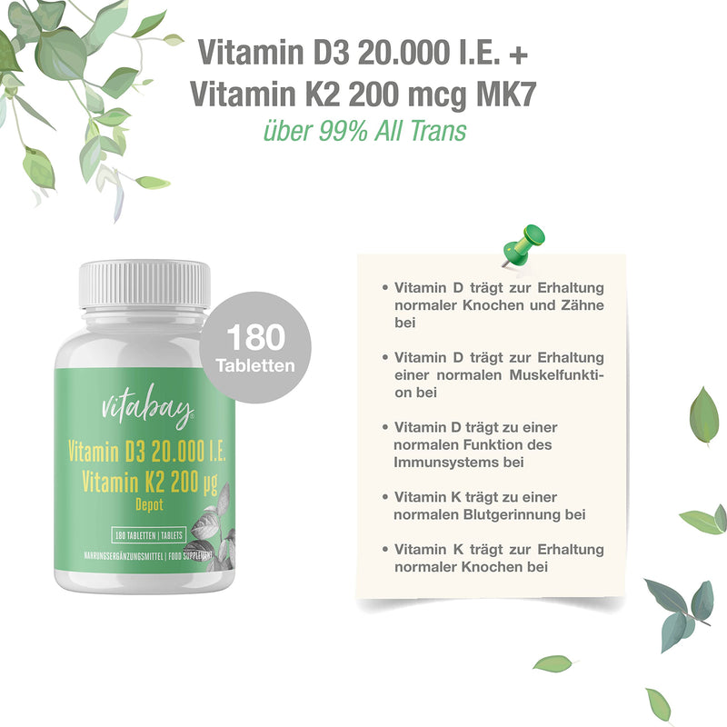 Vitabay Vitamin D3 K2 20000 Iu High Dose - 180 Vegan & Laboratory Tested Vitamin D3K2 Tablets High Dose - Vitamin D Vitamin K2 20000 K Sun Vitamins D3K2 Vitamin D3K2 High D3 K2 - NewNest Australia