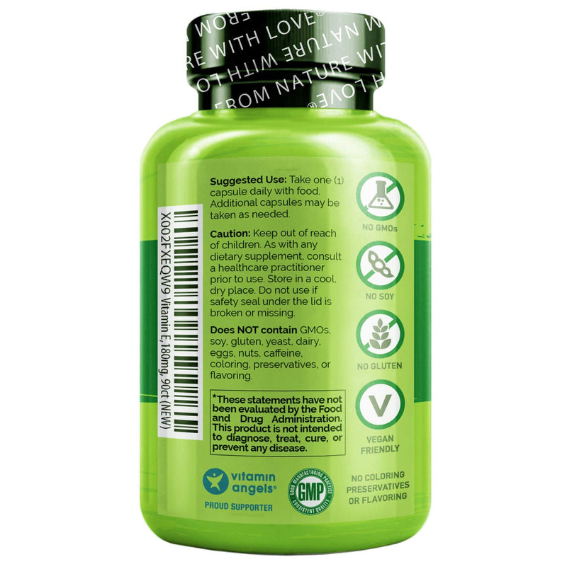 NATURELO Vitamin E - 180 mg (300 IU) of Natural Mixed Tocopherols from Organic Whole Foods - Supplement for Healthy Skin, Hair, Nails, Immune & Eye Health - Non-GMO, Soy Free - 90 Vegan Capsules 90 Count (Pack of 1) - NewNest Australia