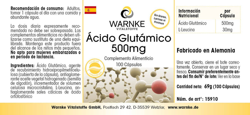 Glutamic acid 500mg - vegan & high dose - 100 capsules | Warnke vital substances - NewNest Australia