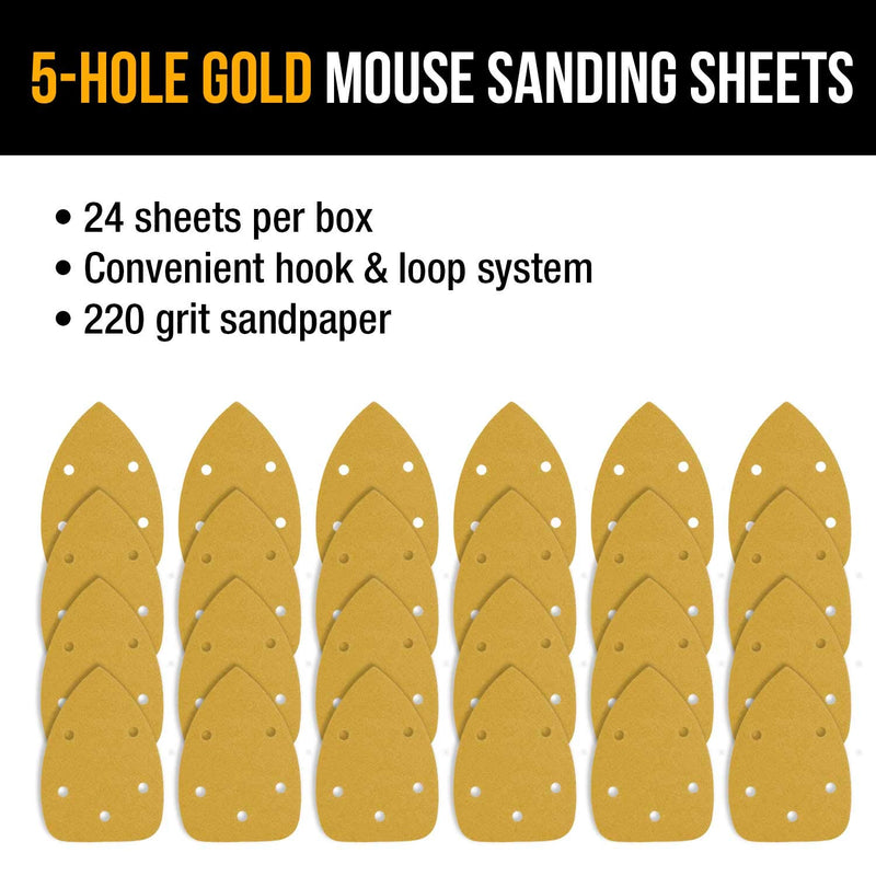 Dura-Gold - Premium Hook & Loop - 220 Grit 5-Hole Hook & Loop Sanding Sheets for Mouse Sanders - Box of 24 Sandpaper Finishing Sheets for Automotive and Woodworking 220-Grit - NewNest Australia