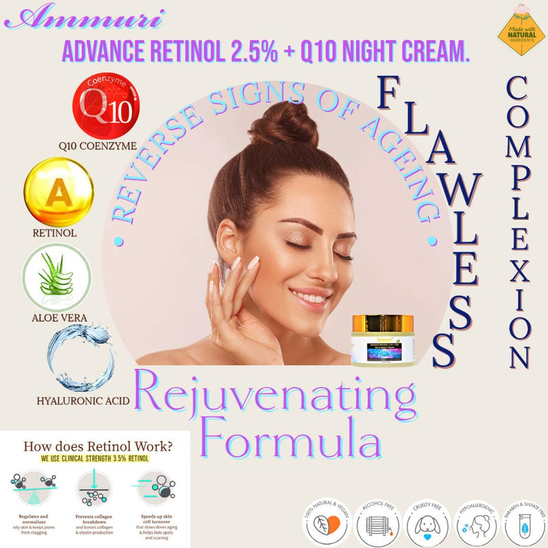 Ammuri Premium Skin Formula Q10 Face cream + Advance Retinol 2.5% Firming Day & Night Cream With Hyaluronic Acid Anti Wrinkle Face Moisturising Cream, Aloe Vera, Vitamin B5 & Vitamin E for Anti Ageing Advance Retinol 2.5% Night Cream - NewNest Australia