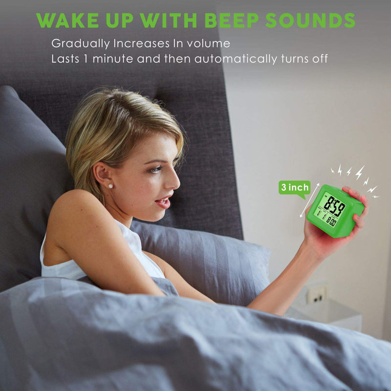 NewNest Australia - Plumeet Digital Alarm Clocks Travel Clock with Snooze and Green Nightlight - Easy Setting Clock Display Time, Date, Alarm - Ascending Sound - Battery Powered (Green) 