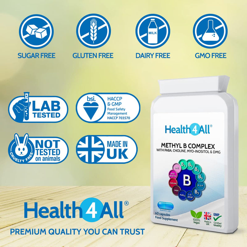 Methyl B Complex 60 Capsules (V) (not Tablets) with Methylcobalamin, Methyl Folate, P5P, Choline, Myo-Inositol, DMG and PABA for Stress Support, Energy and methylation. Made in UK by Health4All 60 Count (Pack of 1) - NewNest Australia