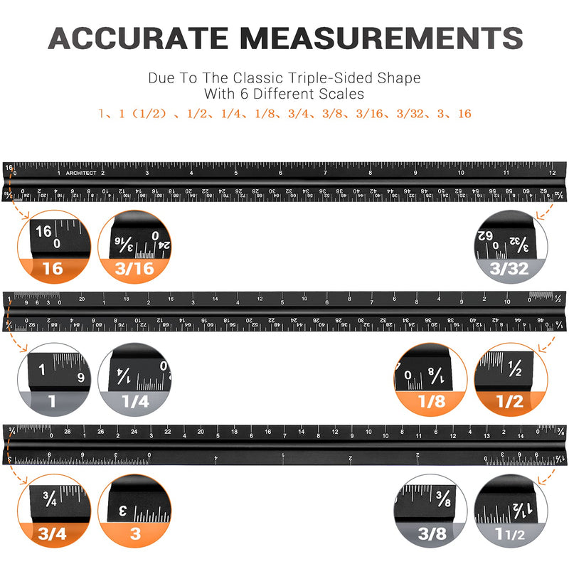 12" Architectural Scale Ruler Aluminum Architect Scale Triangular Scale Ruler for Architects, Draftsman, Students and Engineers, Black - NewNest Australia