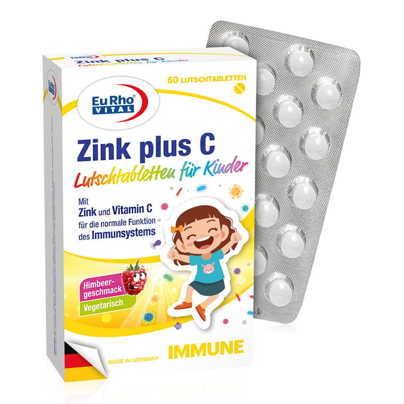 Zinc and Vitamin C Lozenges for Children | Vegetarian dietary supplement to support the immune system | Ideal for children aged 4 and over | EuRho® Vital – Made in Germany | 60 tablets of raspberry - NewNest Australia