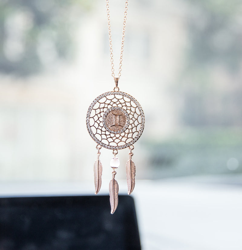 NewNest Australia - Boltz Mini Zodiac Gemini Sign Dream Catcher Car Charm Rear View Mirror Accessories, Boho Dangling Feather Tassel Bead Pendant Constellation Ornament Wall Hanging Home Decoration (Gemini) 