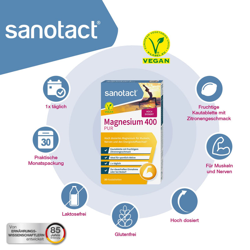 sanotact Magnesium 400mg PUR (Vegan) • 30 chewable tablets with high doses of magnesium • Magnesium with immediate effect • Fruity lemon flavor • Magnesium for children aged 12 and over Lemon 30 pieces (pack of 1) - NewNest Australia