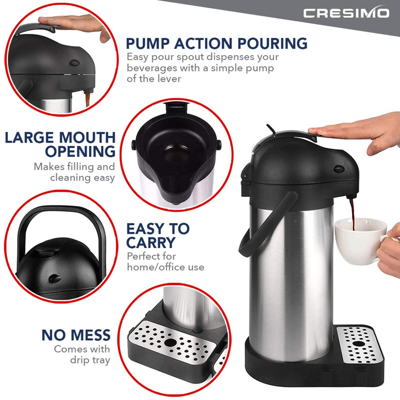 Cresimo 3L (101 oz) Airpot Thermal Coffee Carafe with Included Coffee Drip Tray and Cleaning Brush/Lever Action Stainless Steel Insulated Thermos / 12 Hour Heat and Cold Retention 3L with Drip Tray - NewNest Australia