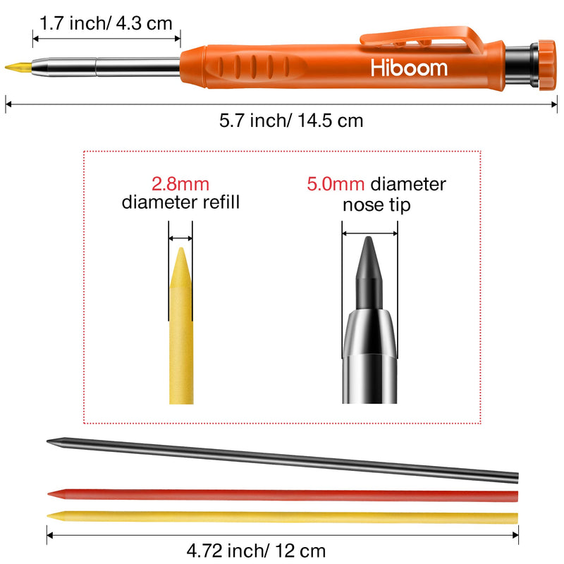Hiboom 3 Pieces Solid Carpenter Pencil with 21 Refill Red Yellow Gray, Long Nosed Deep Hole Mechanical Pencil Marker Marking Tool with Built in Sharpener for Carpenter (Orange, Red, Black Cover) - NewNest Australia