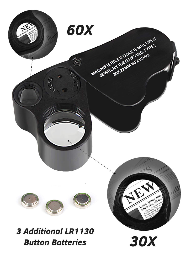 JARLINK 2 Pack Jewelry Loupes, 30X 60X Illuminated Loupe Magnifier and Foldable Jewelry Magnifier with Bright LED Light for Gems, Jewelry, Coins, Stamps, etc (Black) Black - NewNest Australia