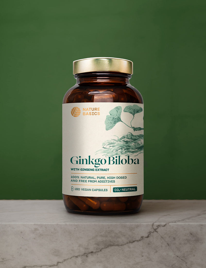 Nature Basics® Natural Ginkgo Biloba Sustainable in Amber jar | CO2 Neutral & additive Free | 180 Vegan Capsules | 115mg Ginkgo Biloba & 40mg Ginseng Extract per Daily dose - NewNest Australia