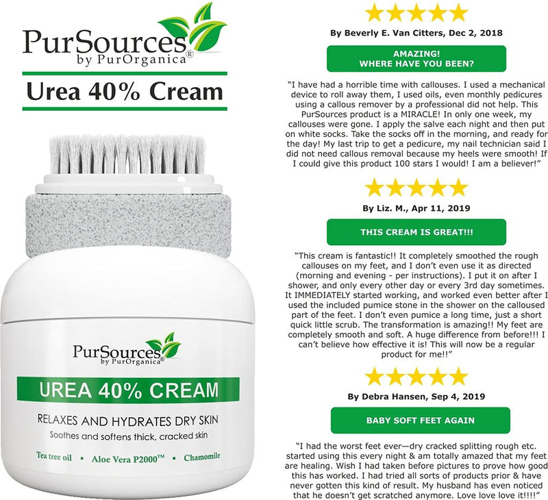 PurSources Urea 40% Foot Cream 4 oz - Best Callus Remover - Moisturizes & Rehydrates Thick, Cracked, Rough, Dead & Dry Skin - For Feet, Elbows and Hands + Free Pumice Stone - NewNest Australia