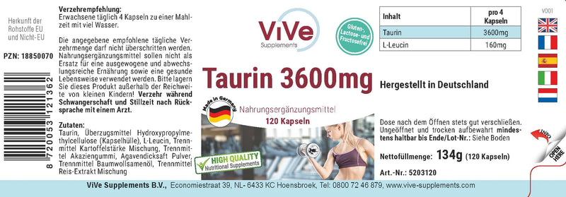 Taurine 3600mg daily consumption - 120 capsules - 900mg taurine per capsule - high dosage and vegan | Quality from Germany from ViVe Supplements - NewNest Australia