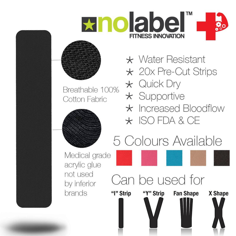 NO LABEL Black Pre Cut Kinesiology Tape - 5m Roll Pre-Cut Black Body Tape - Black Sports Tape - Black Medical Tape - Black Physio Tape - Black Muscle Tape For Muscle Recovery - Free PDF Ebook Taping Guide 1 x Roll - NewNest Australia