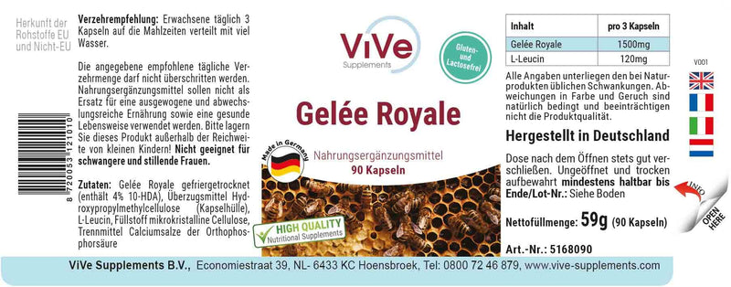 Royal Jelly 500 Mg - 90 Capsules - Standardized To 4% 10-Hda - High Quality According To Iso Standard - Gently Freeze Dried Quality From Germany By Vive Supplements - NewNest Australia