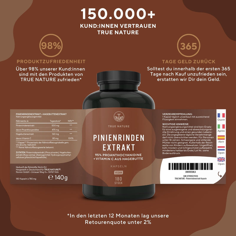 Pine bark extract capsules high dosage - 660mg for 180 days - Pine bark extract with 32% OPC + natural vitamin C - Premium: French maritime pine - Laboratory tested & without additives - TRUE NATURE® pine bark extract - NewNest Australia