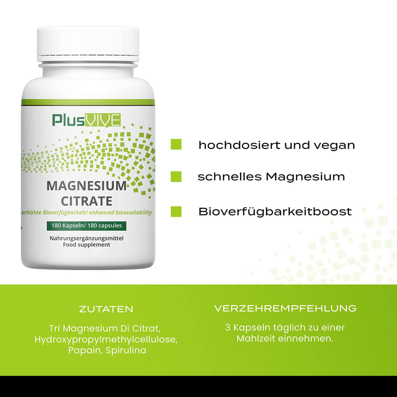 Plusvive magnesium citrate high dose 2250 mg of which 360 mg elemental magnesium per daily dose, 180 capsules, vegan and laboratory tested single - NewNest Australia
