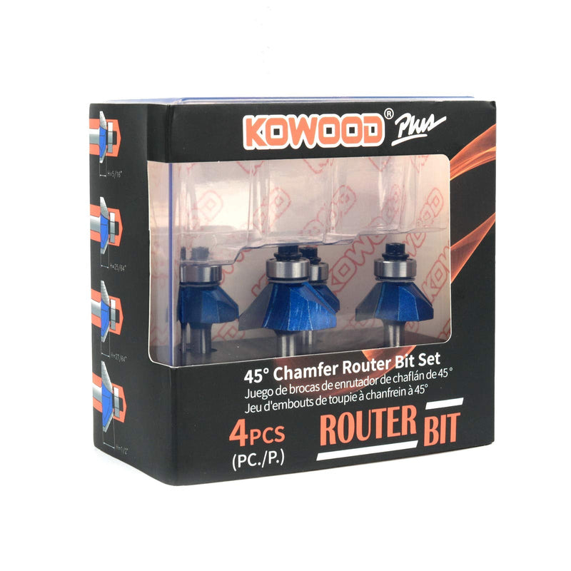 KOWOOD Plus 45 Degree Chamfer Router Bit Set, 1/4 Inch Shank, Cutting Diameter in 1/4”, 5/16”, 3/8”, 1/2”.KOWOOD C3 Carbide. Ideal for Angled Edges, Clean Edge or Decorative Pieces 45° Chamfer - NewNest Australia