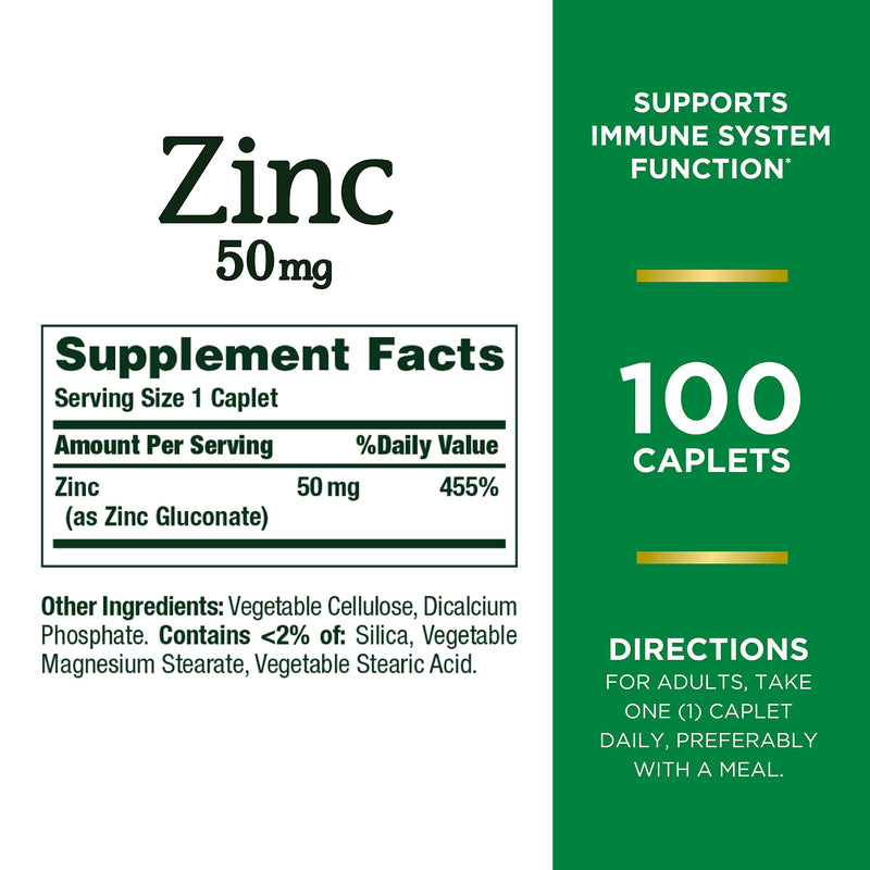 Nature's Bounty Zinc, Immune Support, 50 mg, Caplets, 100 Ct 100 Count - NewNest Australia