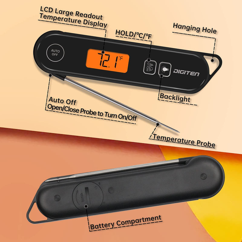 DIGITEN Baking Thermometer for Candy Outdoor BBQ Thermometer Indoor Kitchen Thermometer Meat Thermometer for Grilling Waterproof Instant Read Thermometer Black - NewNest Australia