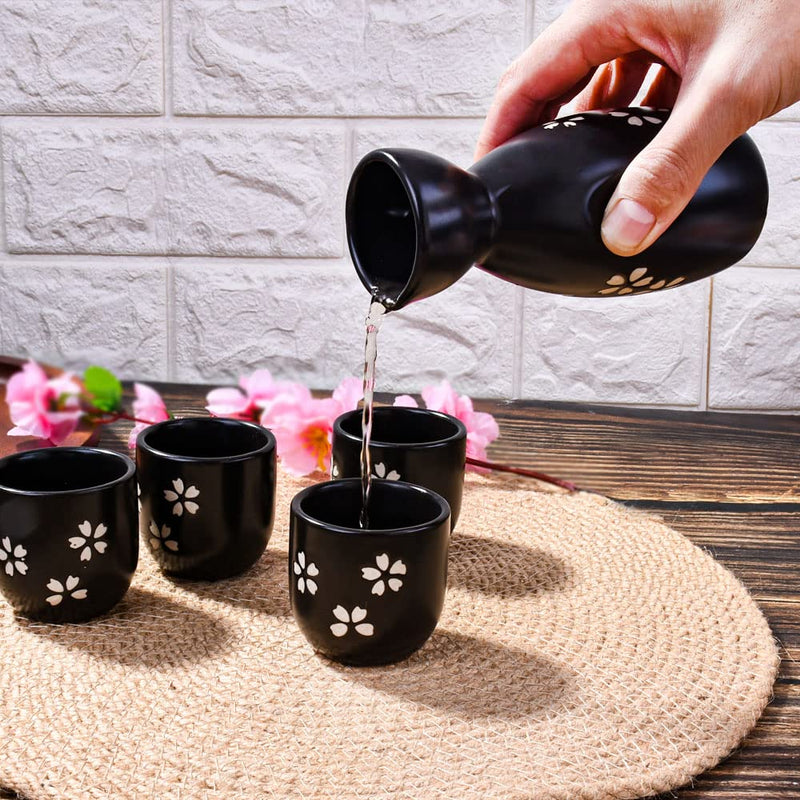 BOSILI Ceramic Japanese Sake Set 1 Sake Bottle and 4 Sake Cups 5 Pieces Black Cherry Blossom Style for Sake White Wine(Black) - NewNest Australia