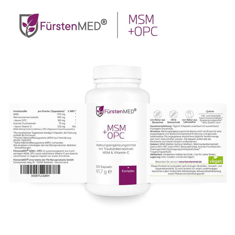 FürstenMED® MSM capsules - 1420mg MSM powder + OPC 427mg & vitamin C per daily dose - MSM capsules high dosage & vegan - high-quality organic sulfur - NewNest Australia