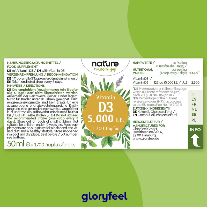 Vitamin D3-5000 IU per drop High dosage - 50ml (1700 drops) - Highest stability: Premium lanolin in MCT oil from coconut - Laboratory tested, made in Germany without additives - NewNest Australia