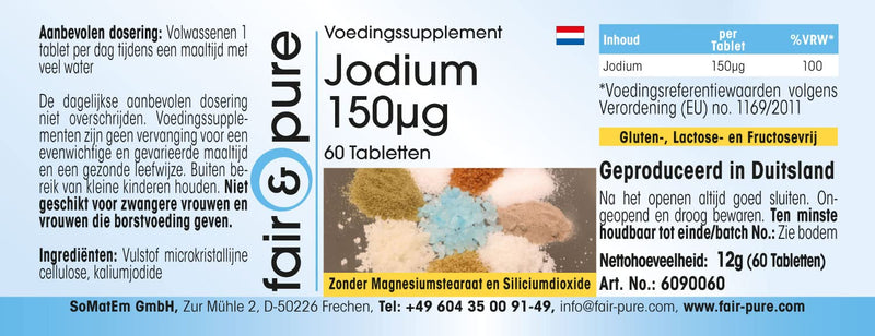 Fair & Pure® - Iodine tablets 150mcg made from potassium iodide - 100% of the daily requirement - vegan - without magnesium stearate - 60 tablets - NewNest Australia