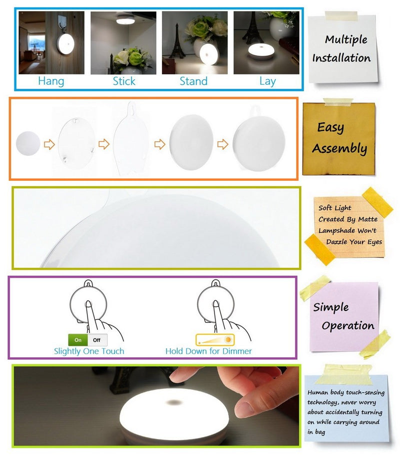 Rechargeable Touch Light, RTSU DIY Stick Anywhere Led Night Light Touch Lamp Tap Light (Touch Sensor Switch, Stepless Dimmer, Last Setting Memory, Built-in Battery Powered, Warm White Light) - NewNest Australia