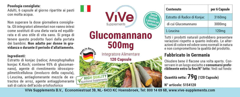 Glucomannan 500mg - 120 vegan capsules made from konjac root extract - natural swelling agent, fiber | Quality from Germany from ViVe Supplements - NewNest Australia