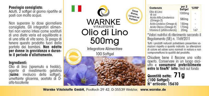 Flaxseed Oil Capsules - Vegetable Omega 3-6-9 Capsules - High Dose - Flaxseed Oil 500mg - 100 Softgels | Warnke vital substances - NewNest Australia