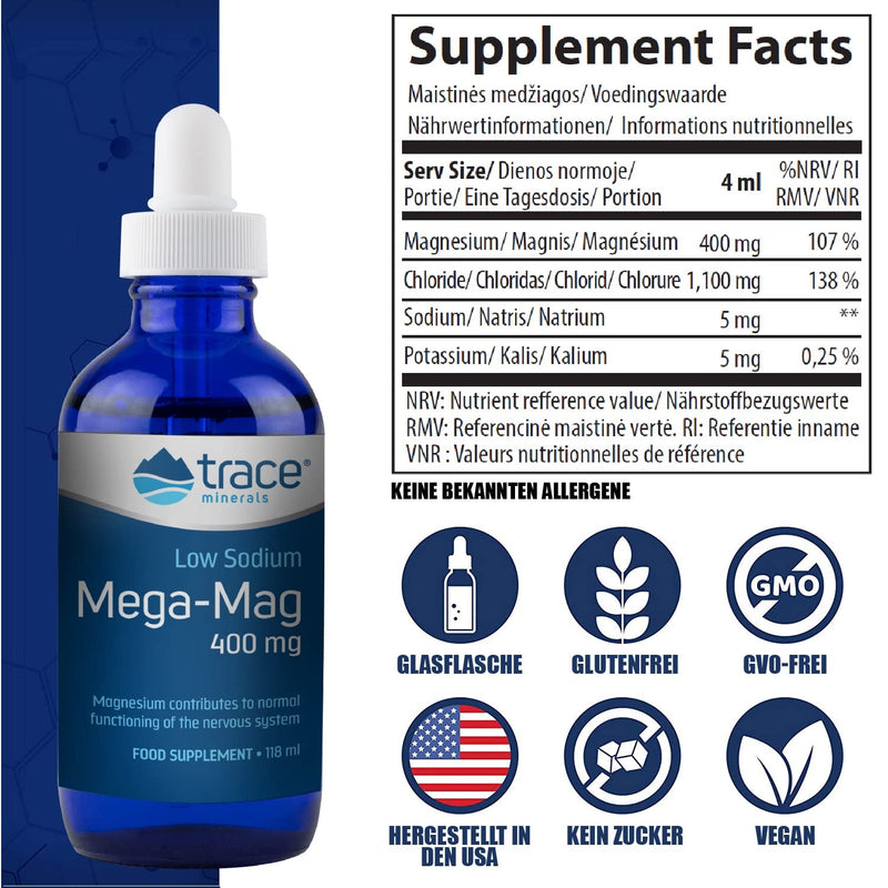 Trace Minerals Mega-Mag 400 Mg Magnesium | Liquid Magnesium Chloride | Supports Blood Pressure, Heart Health, Relaxed Mood, Digestion And Sleep | Helps Muscle Strength | (118Ml) - NewNest Australia