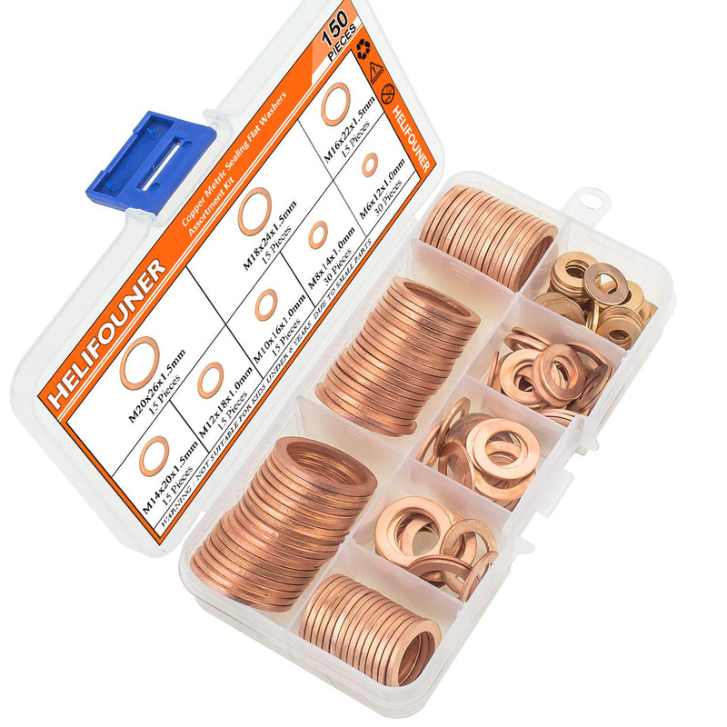 HELIFOUNER Copper Washers, 150PCS 8 Sizes Copper Metric Sealing Washers Flat Washers Assortment Kit - NewNest Australia