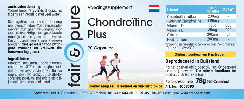 Fair & Pure® - Chondroitin Plus with hyaluronic acid - calcium - vitamin D and E - without magnesium stearate - 90 chondroitin capsules - NewNest Australia