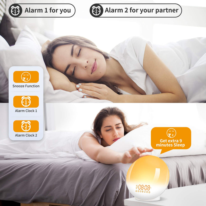 Artinabs Daylight Alarm Clock Light Wake Up Light Sunrise Sunset Simulation Alarm Clock Radio 7 Natural Sounds 2 Alarms Snooze 7 Color Light 20 Brightness Bedside Lamp Adults, Children - NewNest Australia