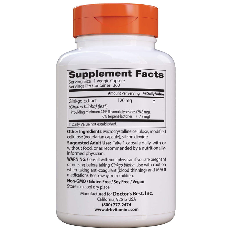 Doctor's Best Extra Strength Ginkgo, Non-GMO, Vegan, Gluten Free, Soy Free, Promotes Mental Function and Memory, 120 mg, 360 Count (Pack of 1) - NewNest Australia
