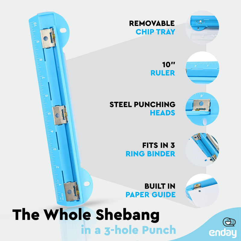 3 Hole Punch Blue, Portable Hole Puncher for 3 Ring Binder, 5 Sheets Capacity, Removable Chip Tray, 10” Ruler for School, Office, Also Available in Purple, Pink, Green, Red, Grey, 1 Pc-by Enday - NewNest Australia