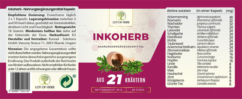 Lot Of Herb Inkoherb Of 21 Herbs For Natural Strengthening Of The Bladder Function - Can Support Incontinence Bladder Weakness Urination - Dietary Supplement For Men And Women - Pack Of 60 - NewNest Australia