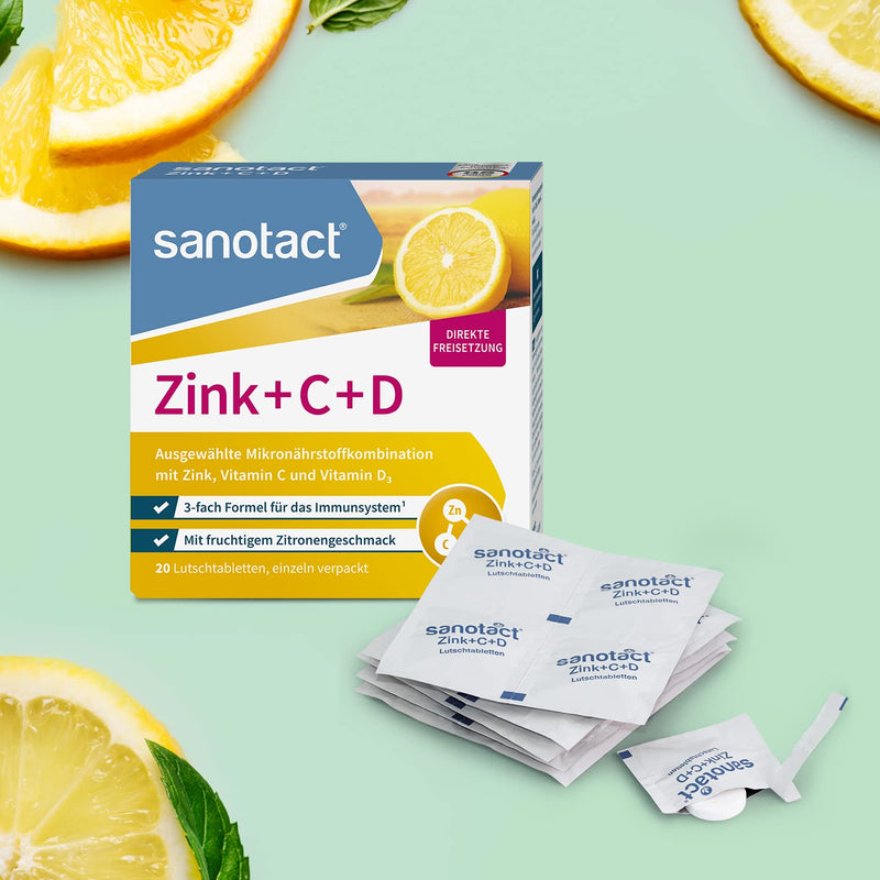 sanotact Zinc+C+D • 20 zinc lozenges high dose with vitamin C • With zinc vitamin C & D3 vitamins • Covers daily requirement of vitamin D3 20 pieces (pack of 1) - NewNest Australia