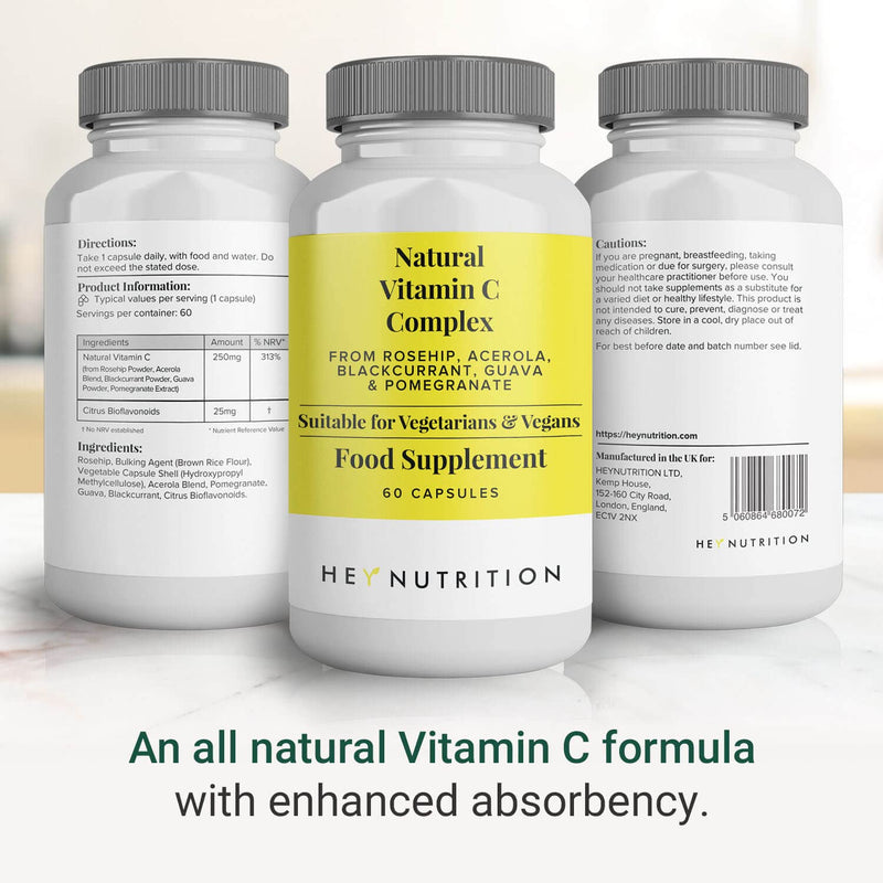 Hey Nutrition Natural Vitamin C 250mg Complex from Rosehip, Acerola, Blackcurrant, Gauva & Pomegranate - Immune Function, Stress, Metabolic Health, & Fatigue - 60 Capsules, Non GMO, Vegan - NewNest Australia