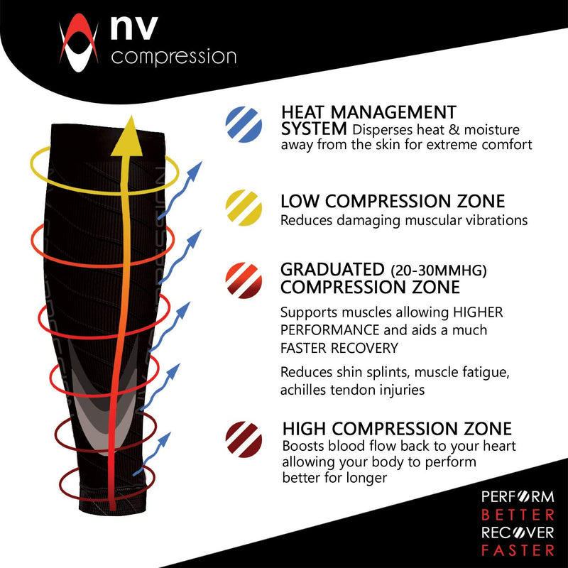 NV Compression Essential Race and Recover Calf Guards/Sleeves (PAIR) 20-30mmHg - For Sports Recovery, Shin Splints, Medical, Work, Flight - Running, Cycling, Gym (Bk/Grey Chevrons, S-M) Black/Grey Solid Chevrons S-M (12-16" / 30-41cm) - NewNest Australia