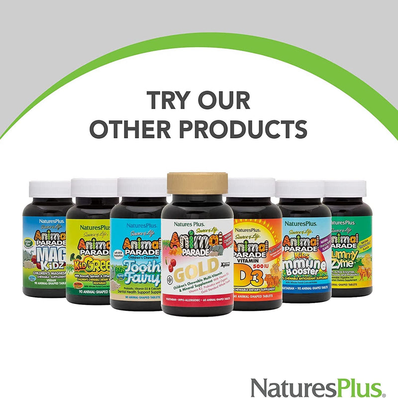 NaturesPlus Animal Parade Tummy Zyme Children’s Chewable Digestive Support - Active Enzymes, Lactase, Live Probiotics and Whole Foods - Vegetarian, Gluten Free - Tropical Fruit Flavour - 90 Animal Shaped Tablets - NewNest Australia