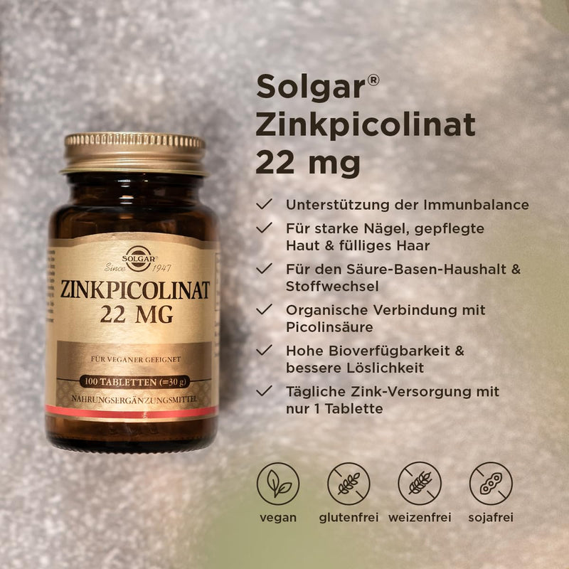 SOLGAR® zinc picolinate | High bioavailability through organic compound | For immune system & skin, hair, nails | 100 vegan tablets - NewNest Australia