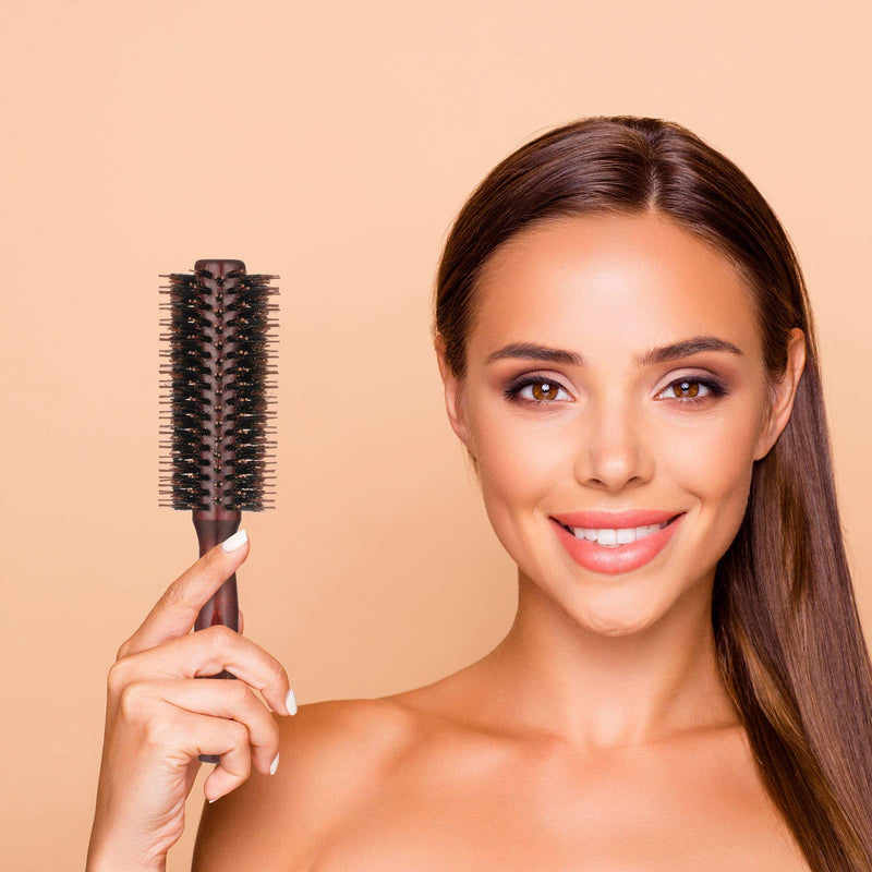 Firtink 1 Pack Boar Bristle Round Brush Round Hair Brush, Wooden Handle Styling Brush Anti Static Quiff Roller Hair Comb for Men and Women, Straightening and Curling, Wet and Dry Hair - NewNest Australia